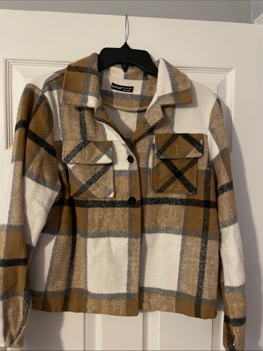SHEIN White, Tan & Black Plaid Shacket Jacket